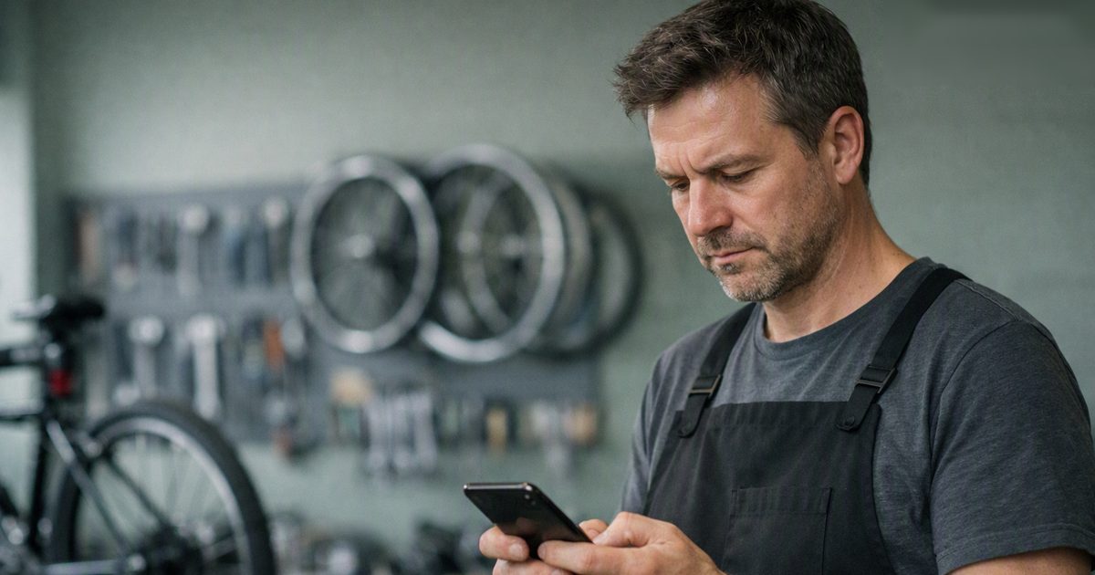 A person checking a phone in a bicycle repair workshop, tools and bikes behind them
