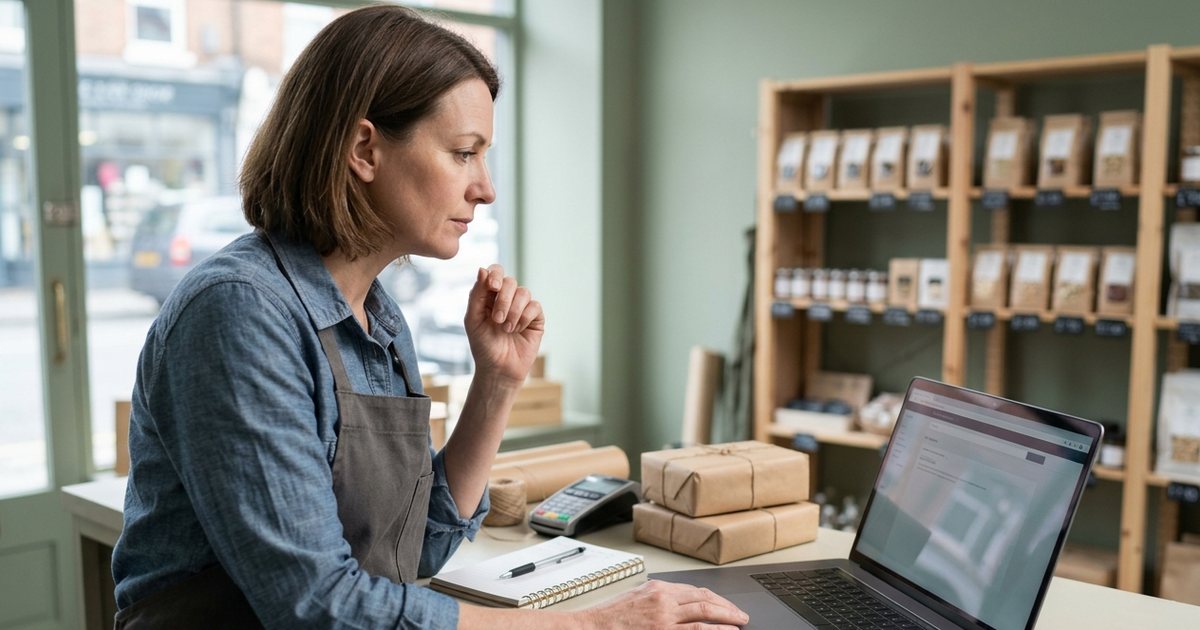 A shop owner in an apron looking at a laptop behind her counter, with an empty search results page on screen