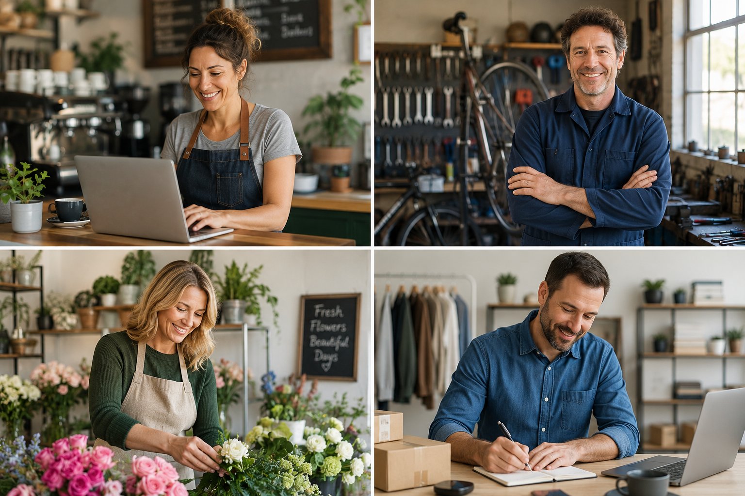 Small business owners — a cafe owner, a bike shop owner, a florist, and a shop owner working on their laptops