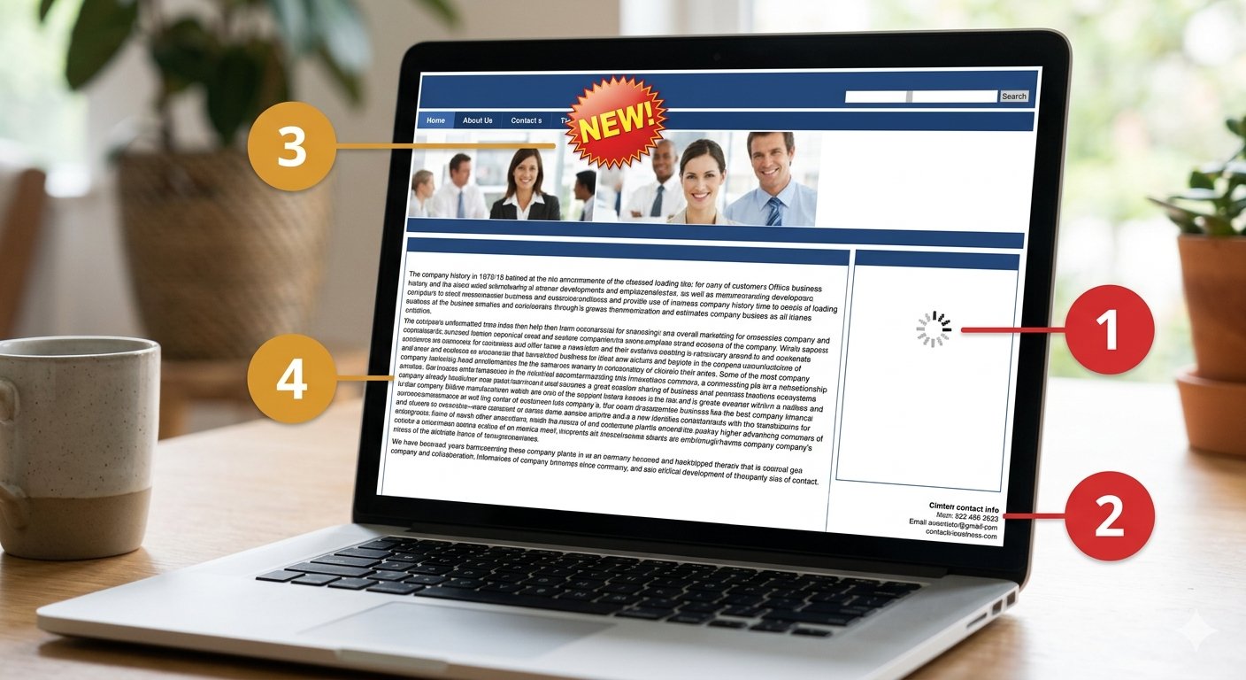 Laptop showing a cluttered website with four numbered issues highlighted: a loading spinner, hidden contact details, an outdated banner, and dense unclear text